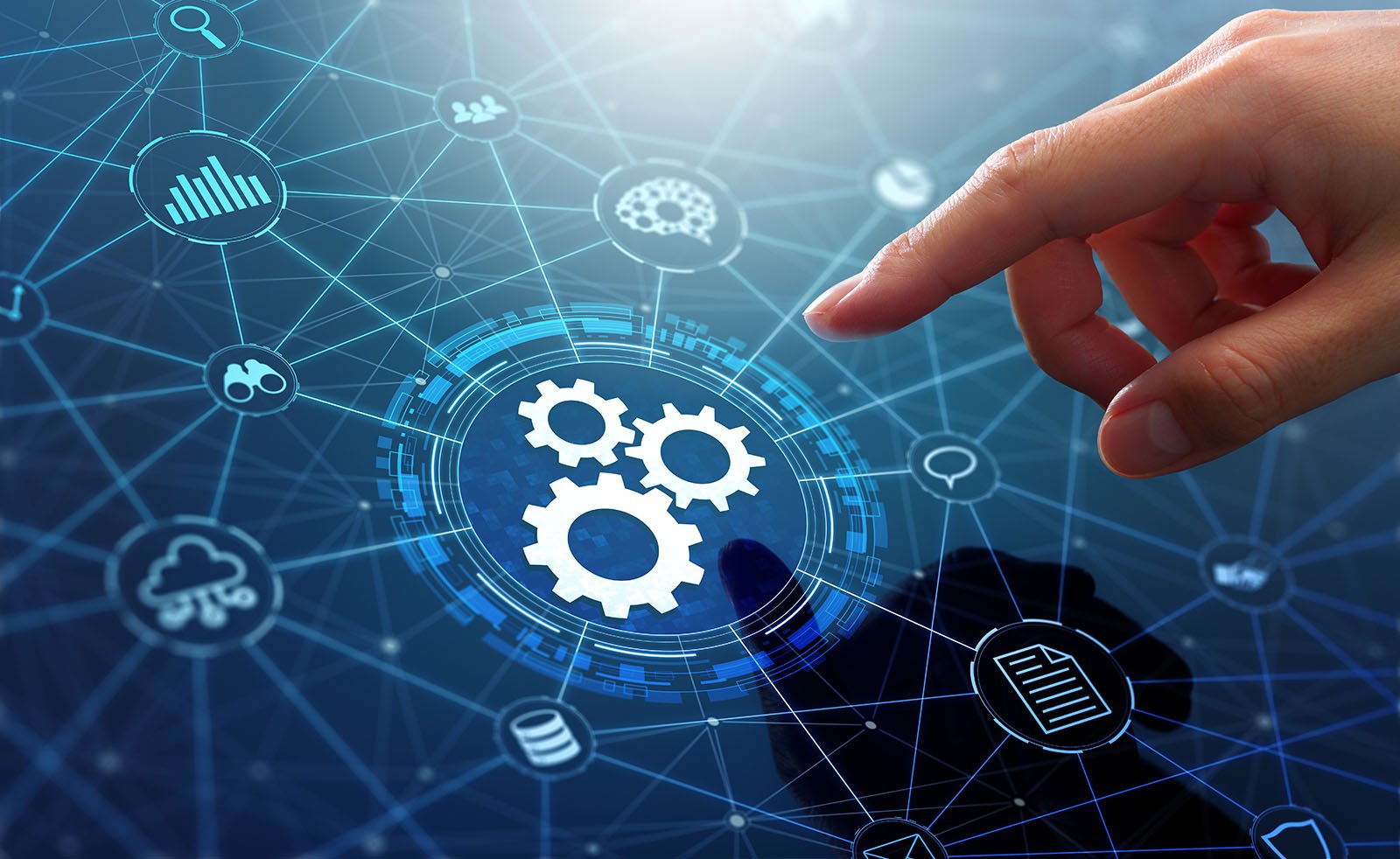 Automation of business or robotic process RPA technology. Transfer of data between application. Businessman touching gears icon on network connection.