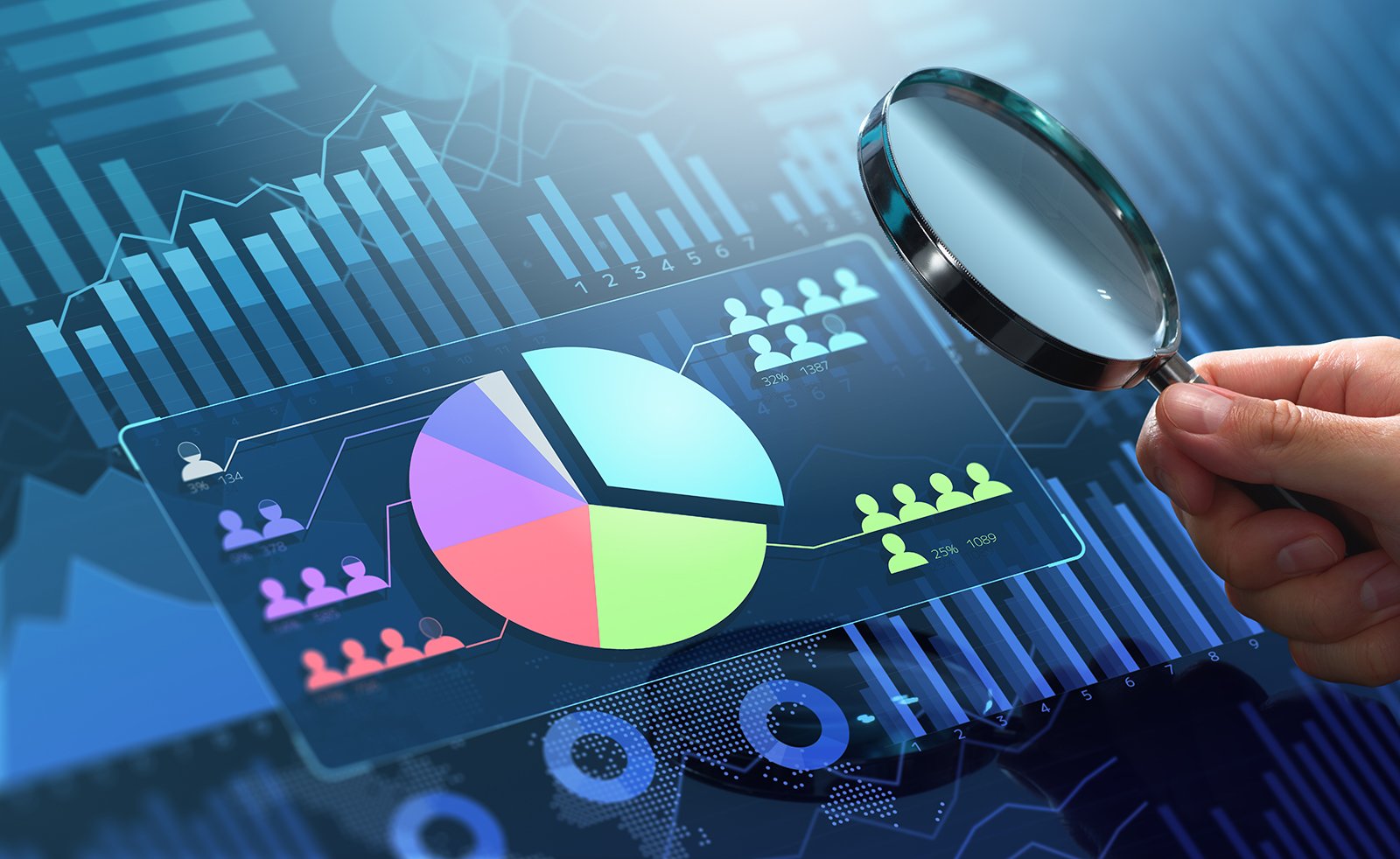 Digital and internet marketing analytics. Statistics data of market and customer research. Magnifying circle chart and graphs.