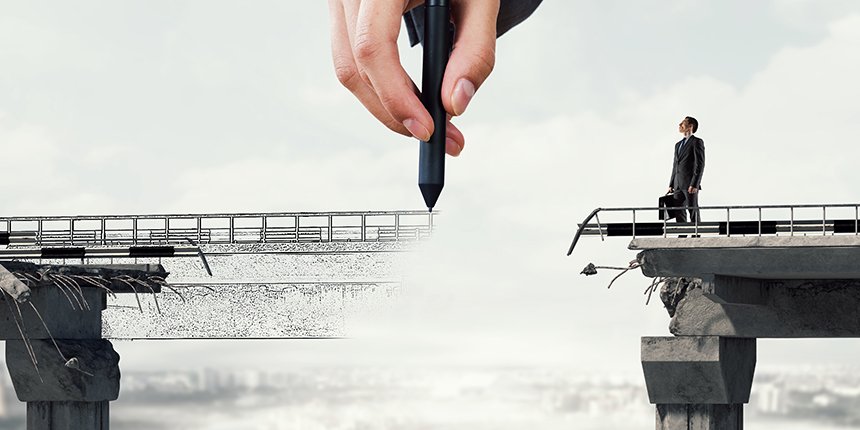 Businessman standing on edge of destructed bridge. Mixed media