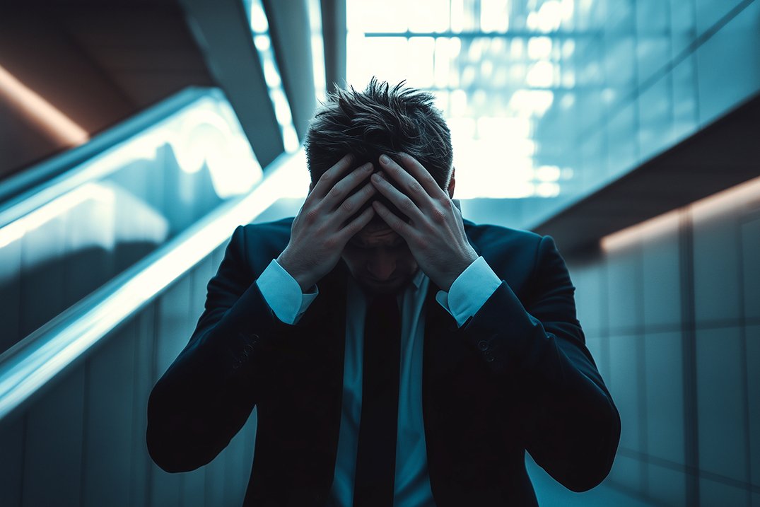 A business professional appears composed, yet their transparent overlay holds their head in despair, symbolizing hidden stress and emotional struggle in the corporate world. Generative AI.