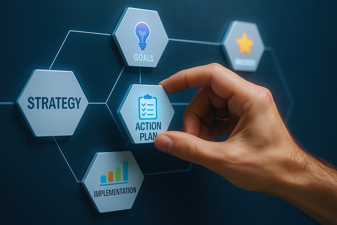 Action plan strategy goals implementation business hand planning checklist success concept management organization target progress development teamwork chart growth idea motivation vision