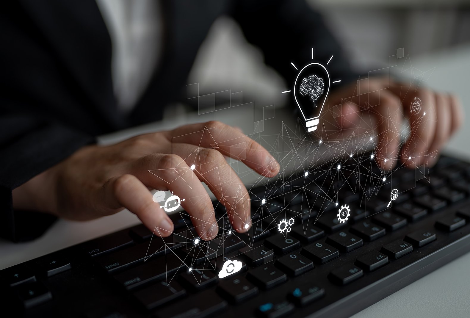 AI innovation with neural network and digital transformation. AI innovation drives automation, powers ideas, AI innovation enhances SEO, and AI innovation enables global connection. Latch