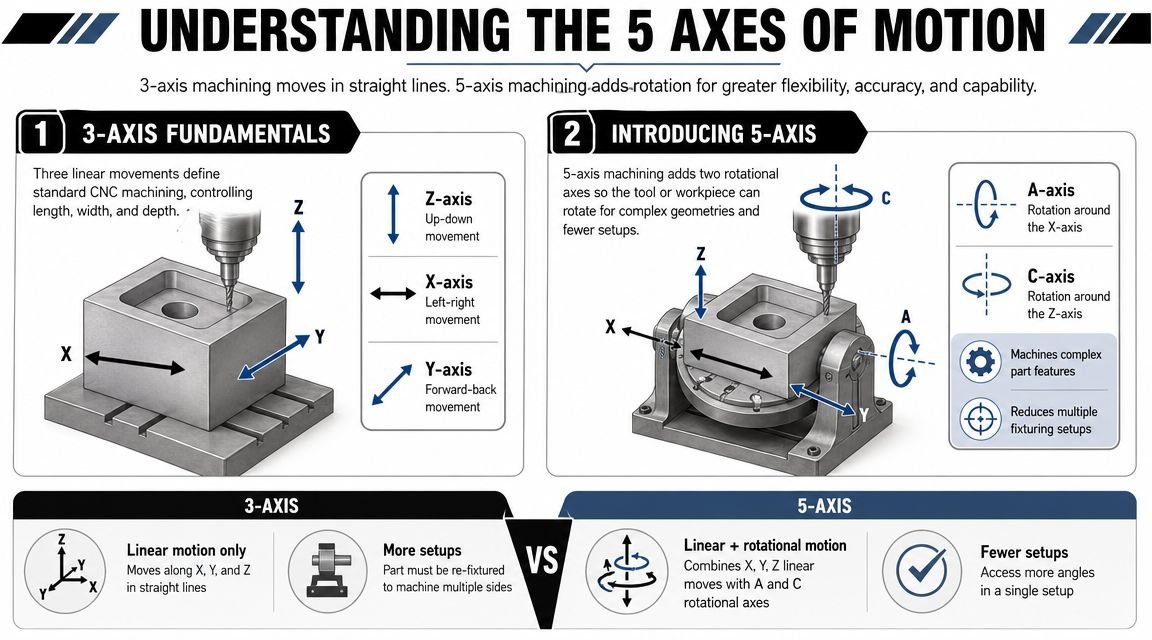 An infographic illustrating the difference between 3-axis and 5-axis CNC machining, highlighting movement and setup efficiency.