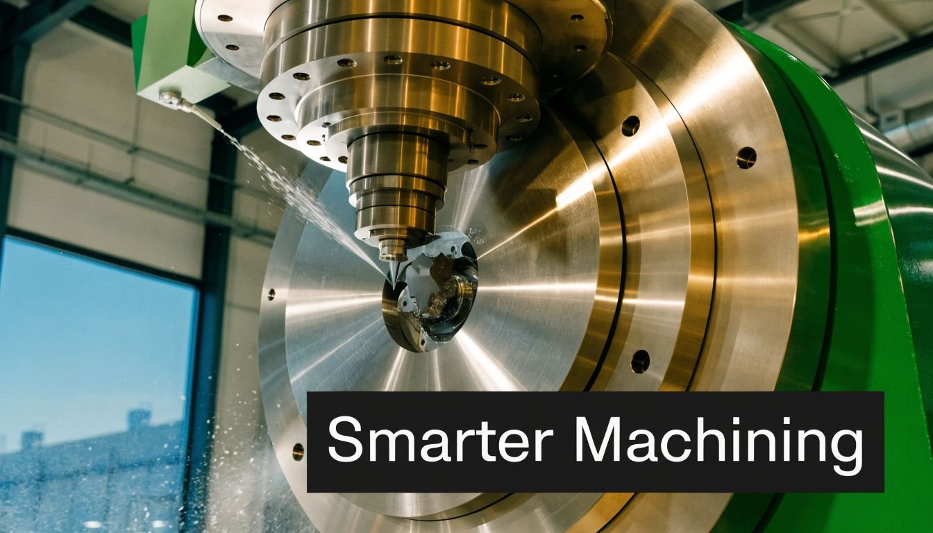 A close-up view of a metal workpiece being precision-machined by a modern industrial 5-axis CNC milling machine.