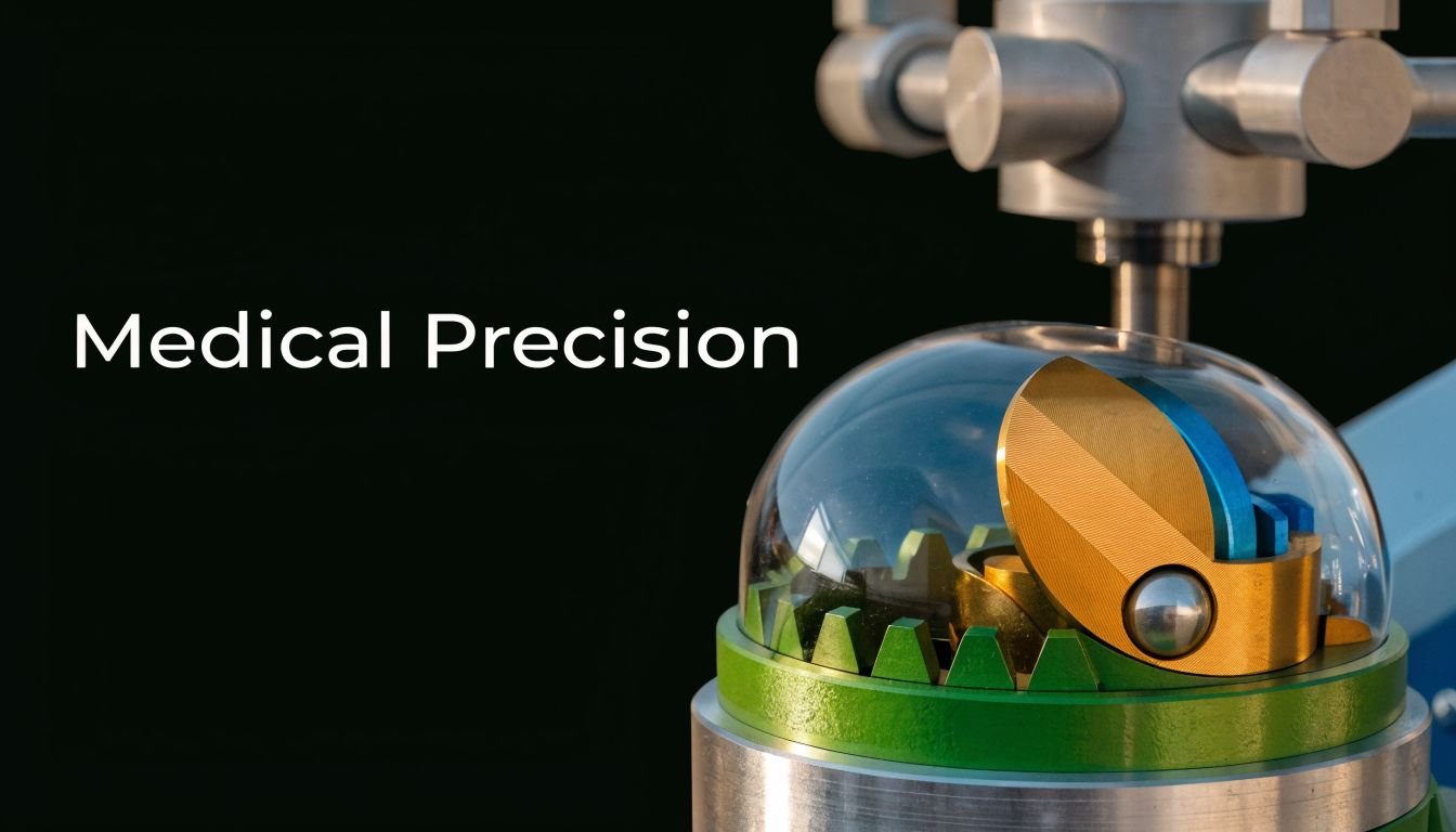 Close-up of a complex mechanical milling component protected by a glass dome under studio lighting.