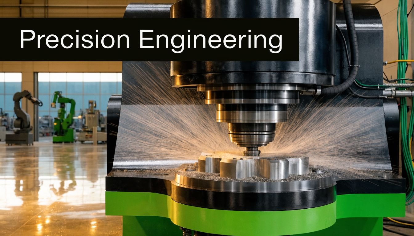 A large industrial milling machine cuts a metal part with sparks flying in a manufacturing facility.