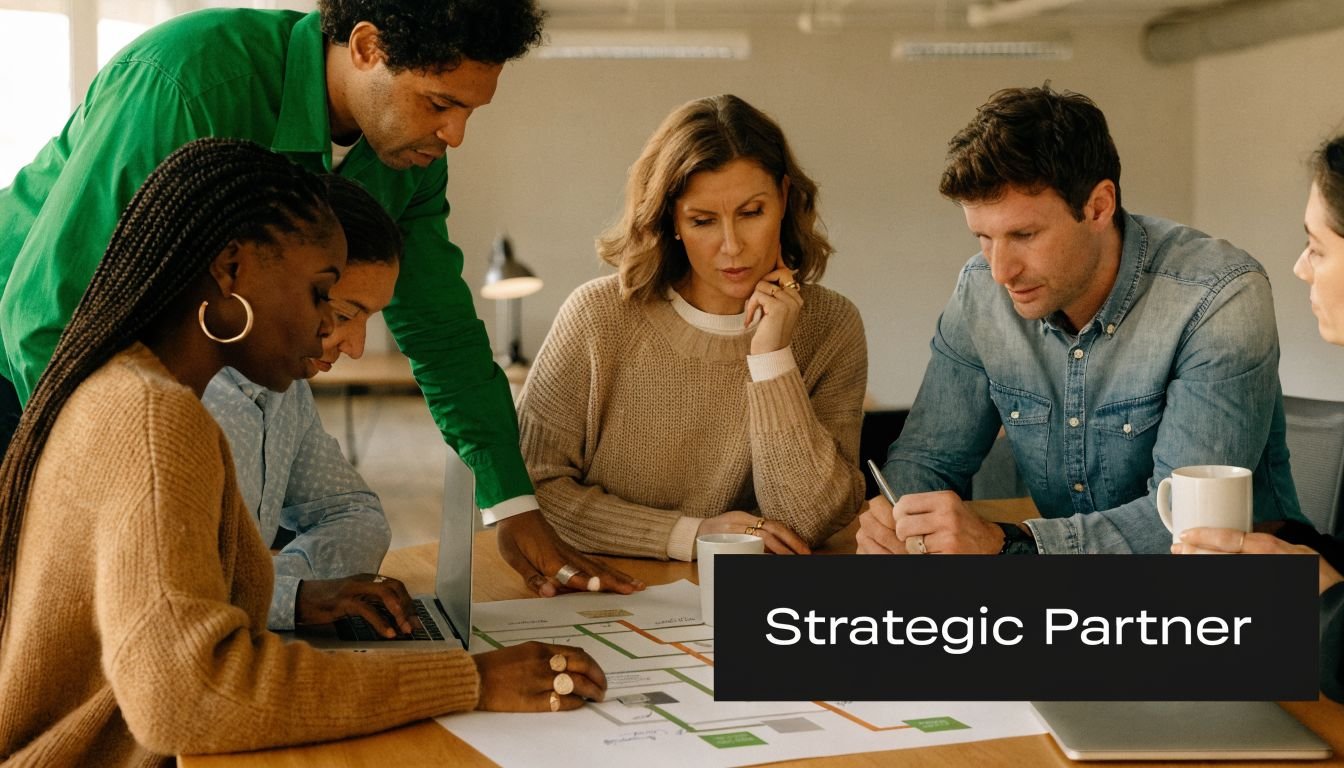 A diverse team of professionals collaboratively discussing a project layout in a bright office workspace.