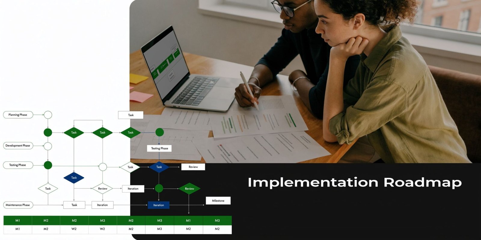 Two professional collaborators reviewing an implementation roadmap diagram on a laptop at a shared wooden table.