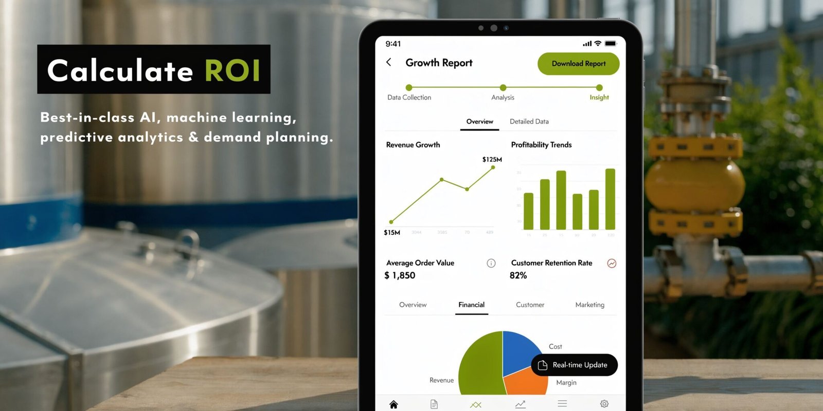 A digital tablet displaying business analytics and ROI growth reports against an industrial manufacturing plant background.