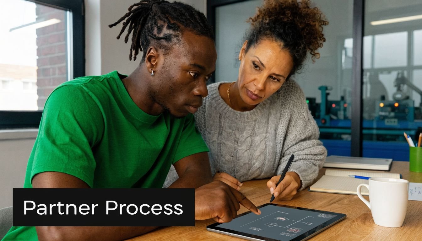 A woman and a young man collaborate while reviewing digital plans on a tablet in an office.