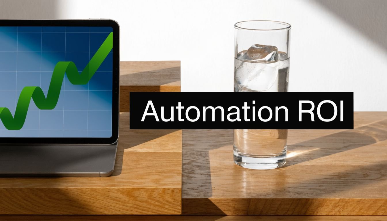 A digital tablet displaying a rising green growth chart next to a glass of water on a desk.