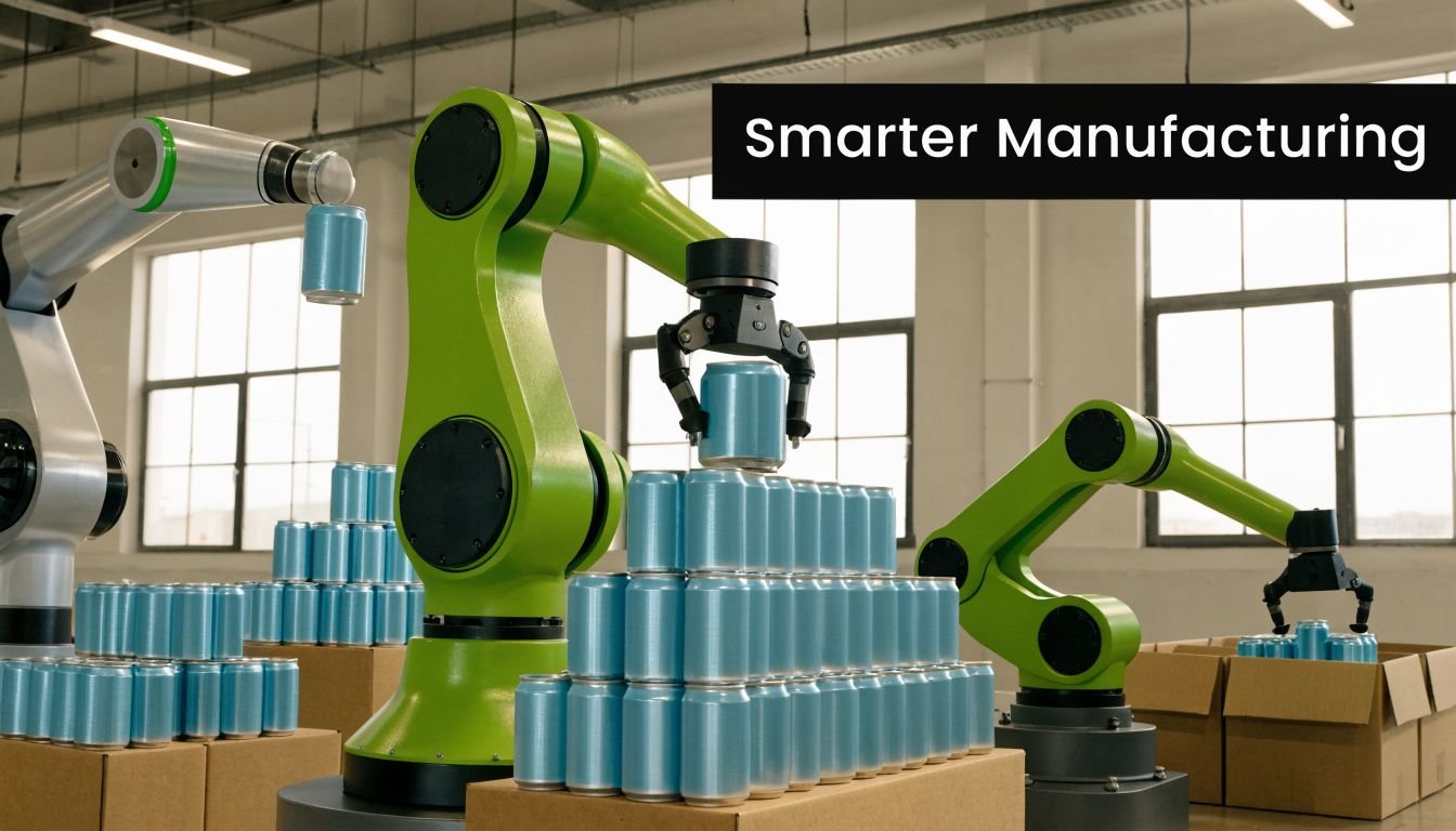 Automated robotic arms working on a production line, picking and stacking aluminum cans in a factory.