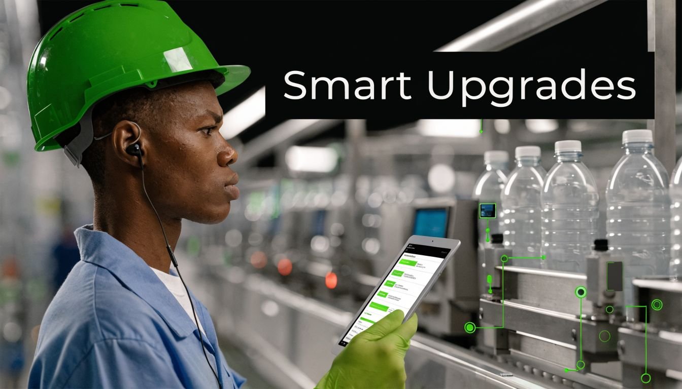 A factory worker in a green hard hat monitors a water bottle production line using a tablet.