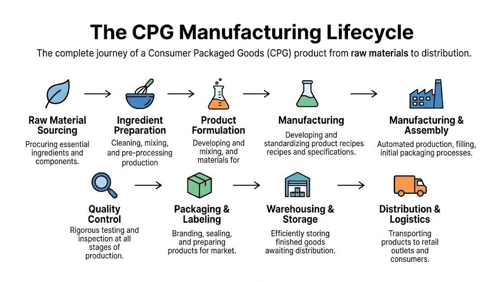 A flowchart infographic illustrating the CPG manufacturing lifecycle steps from raw material sourcing to product distribution.