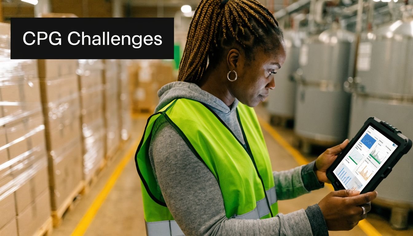 A female warehouse worker in a neon safety vest checks production data on a digital tablet.
