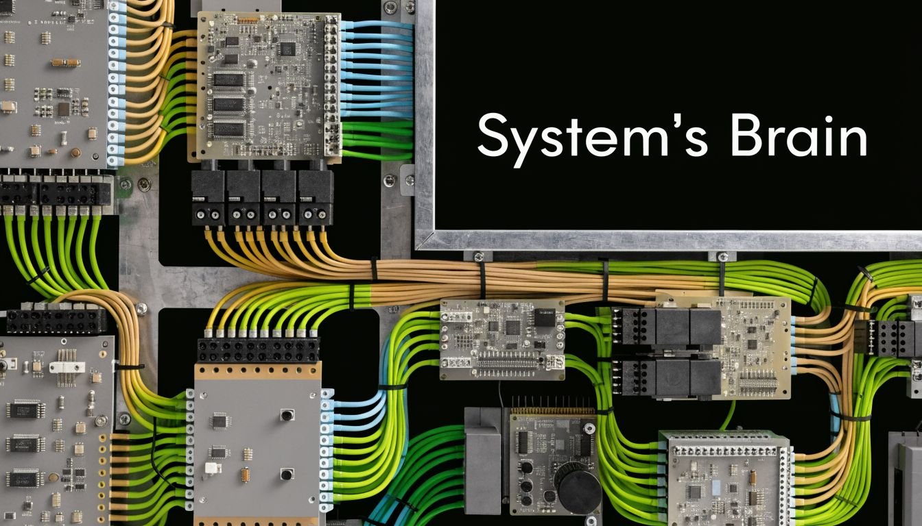 A complex industrial circuit board showing various electronic components and color-coded wires on a dark background.
