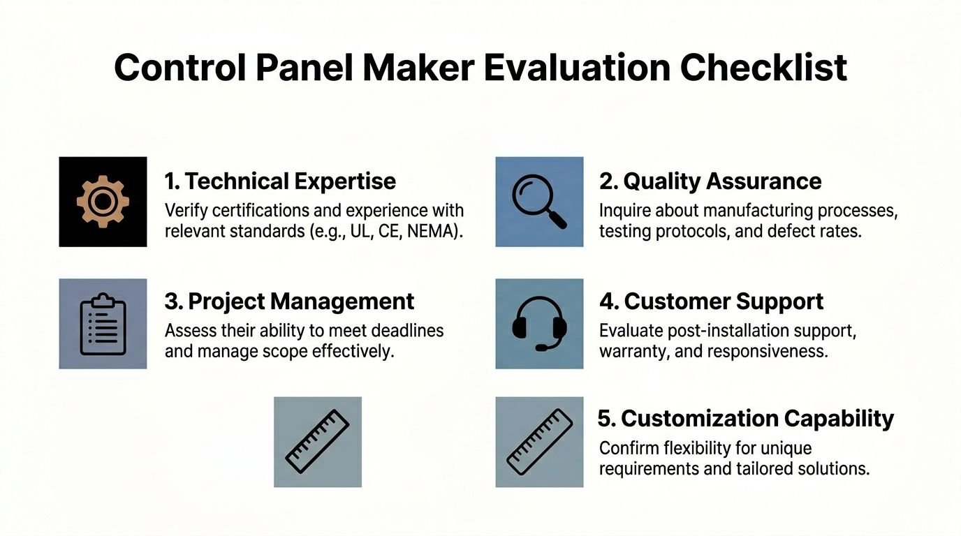 A checklist infographic titled Control Panel Maker Evaluation Checklist outlining five key criteria for choosing a manufacturer.