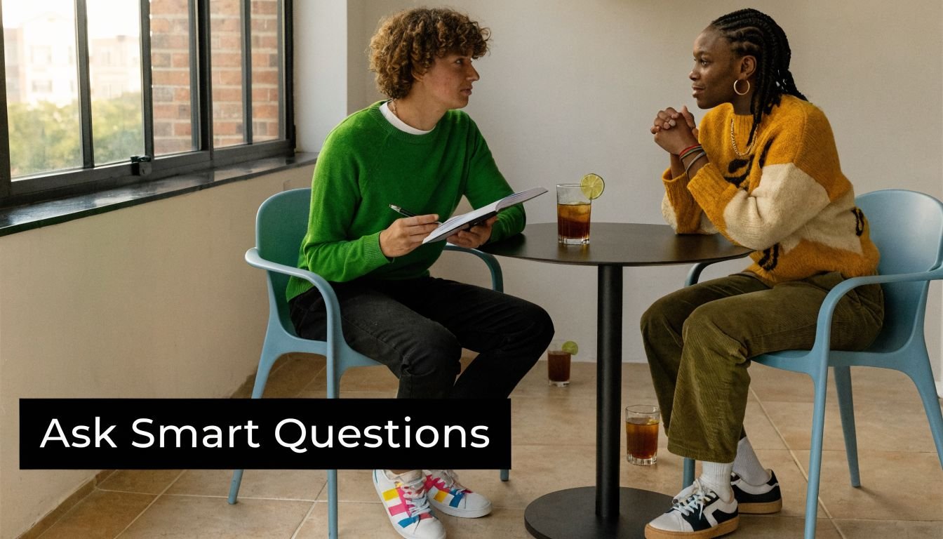 Two students sitting at a table with drinks, discussing notes in an office setting.