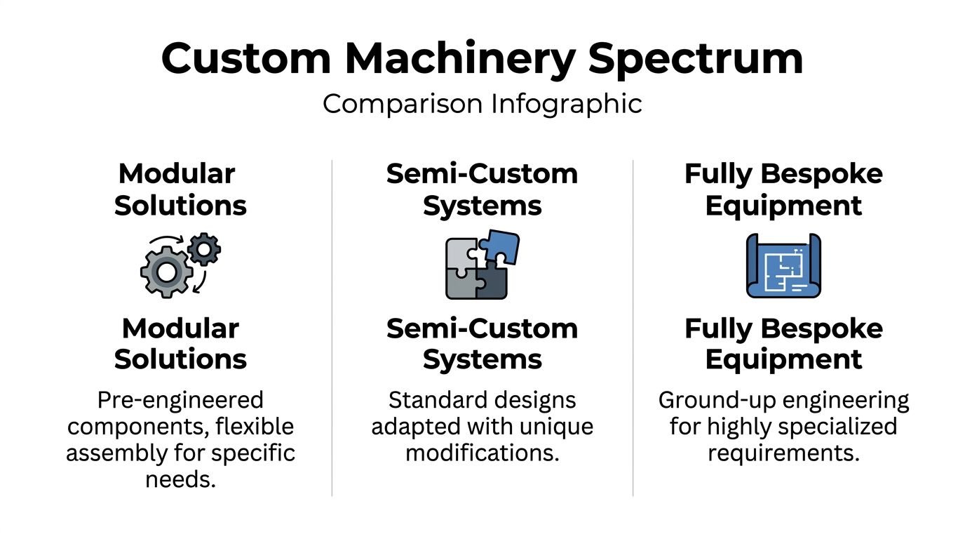 An infographic comparing modular solutions, semi-custom systems, and fully bespoke equipment for custom machinery.