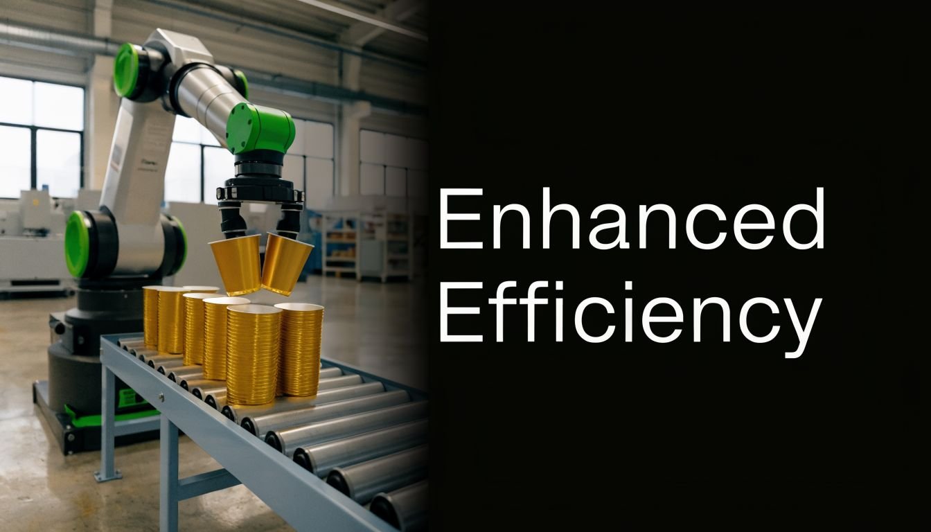 A robotic arm placing golden cups on an industrial conveyor belt in a manufacturing facility.