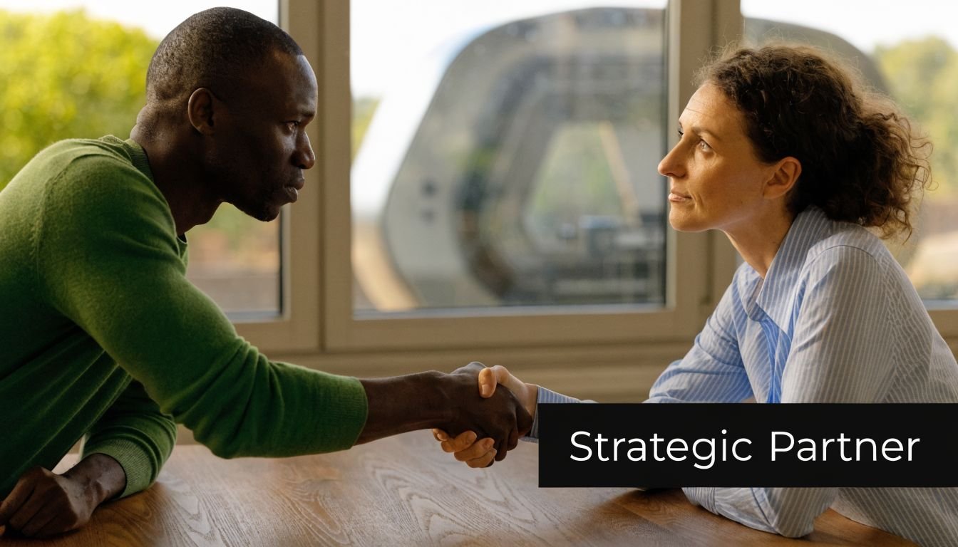 A diverse man and woman shaking hands over a wooden table, symbolizing a successful professional strategic partnership.