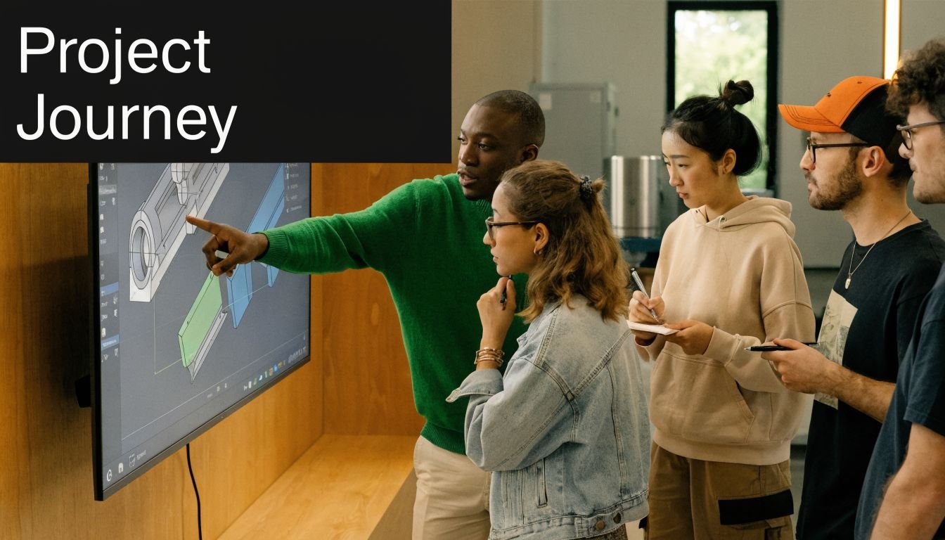 A diverse team of professionals collaboratively discussing custom designed machinery on a large digital touch screen display.