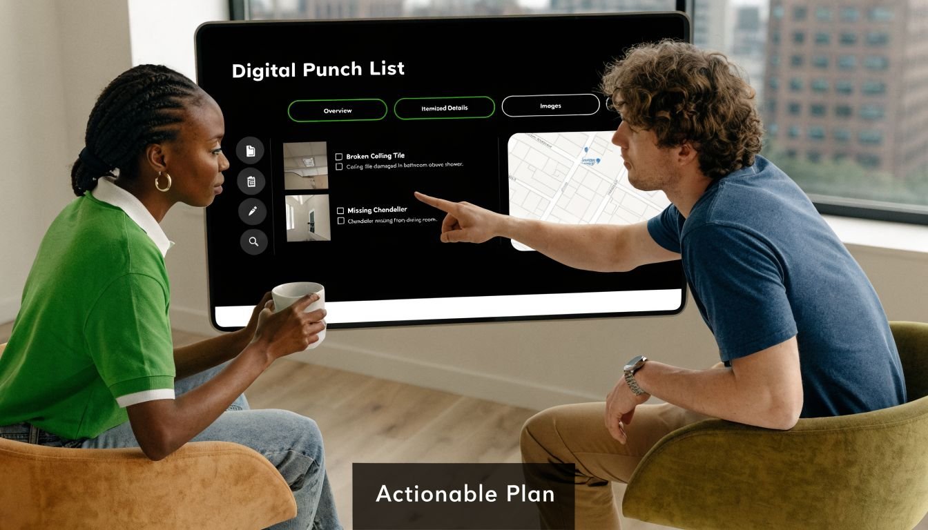 Two professionals collaborating on a digital punch list project displayed on a large wall-mounted monitor.