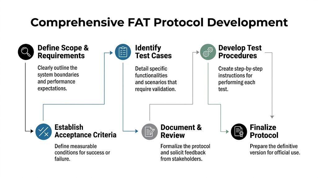 A flowchart diagram illustrating the six steps involved in the comprehensive Factory Acceptance Test (FAT) protocol development process.