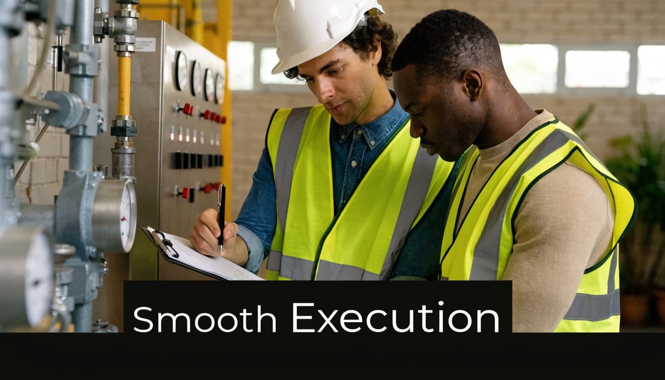 Two technicians in safety vests examining factory equipment and filling out a clipboard document for verification.