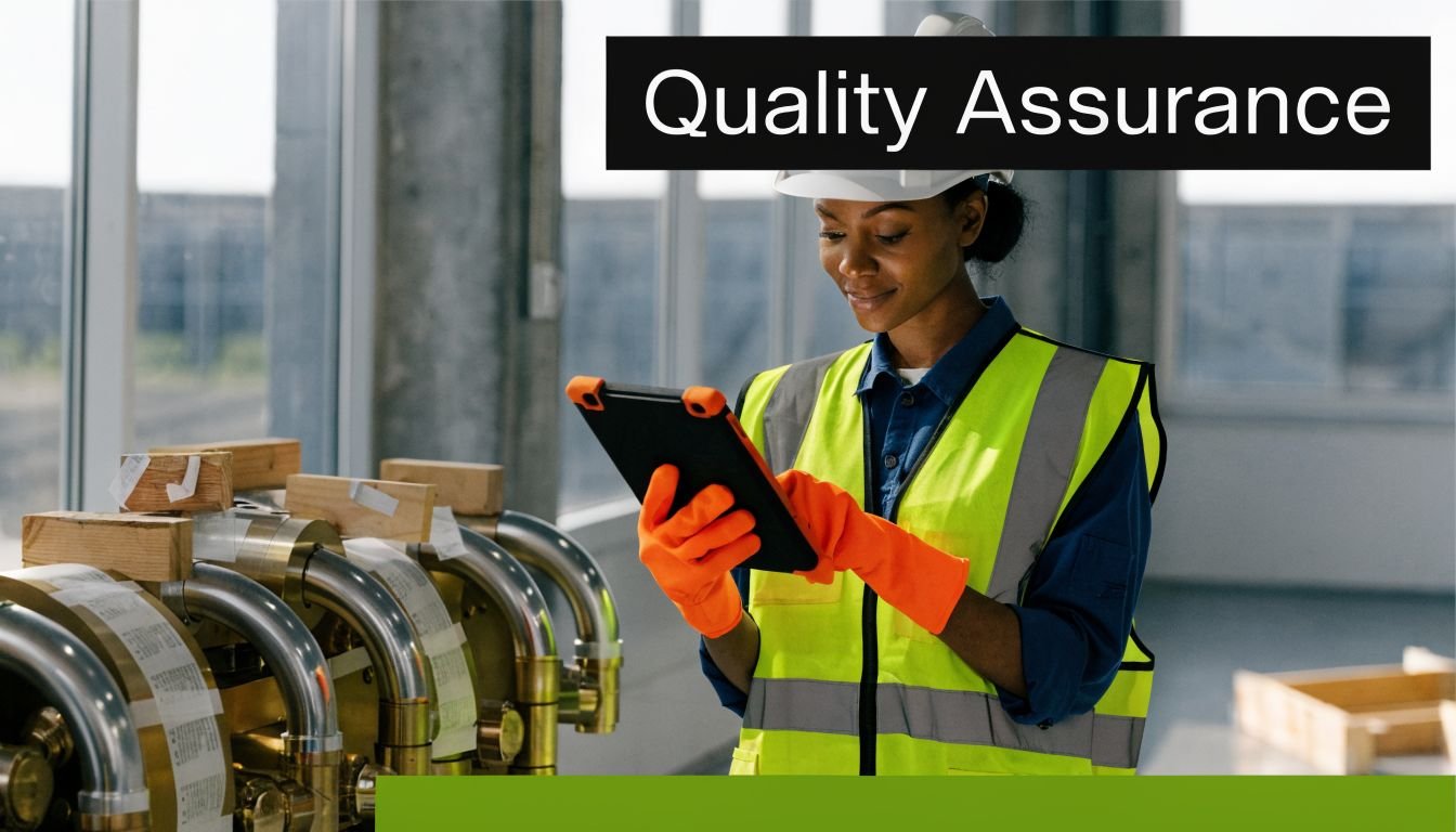 A female construction quality assurance inspector in a safety vest using a digital tablet at a factory.