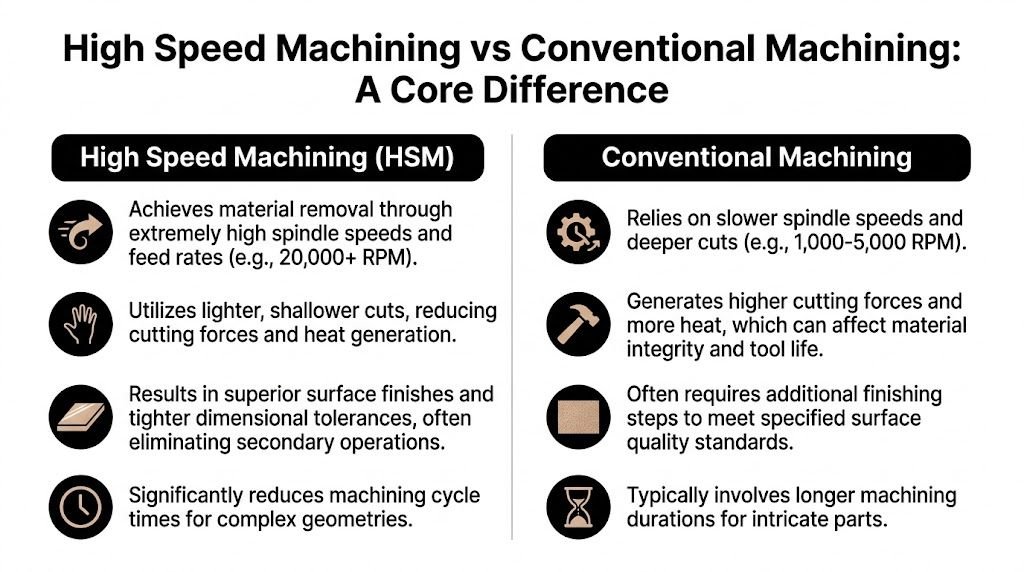 A comparison chart outlining the key differences between high speed machining and conventional machining techniques in manufacturing.