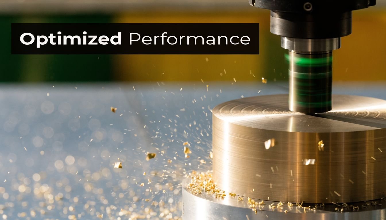 A close-up shot of a CNC machine tool cutting into a metal workpiece creating flying brass shavings.