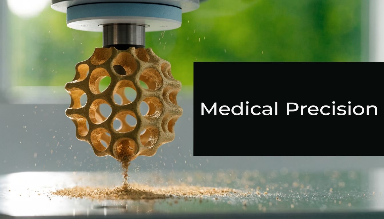 A complex 3D-printed porous golden sphere structure being processed by a precision industrial milling machine.