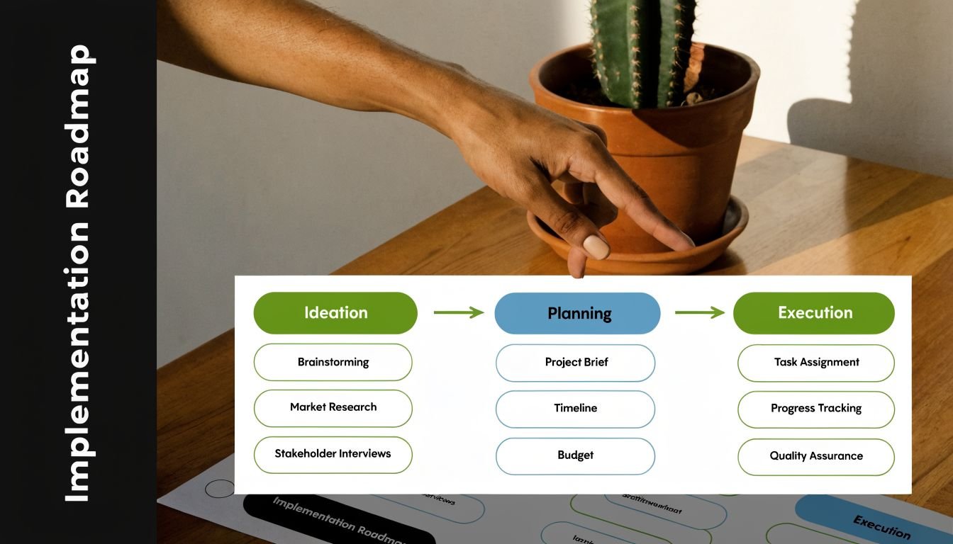A professional implementation roadmap diagram showing three key stages: ideation, planning, and execution with associated tasks.