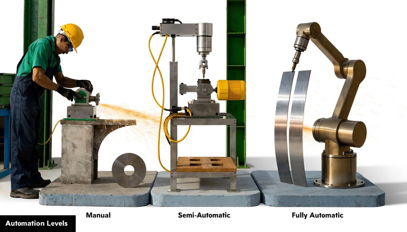 A diagram comparing manual, semi-automatic, and fully automatic industrial grinding machines in a manufacturing setting.