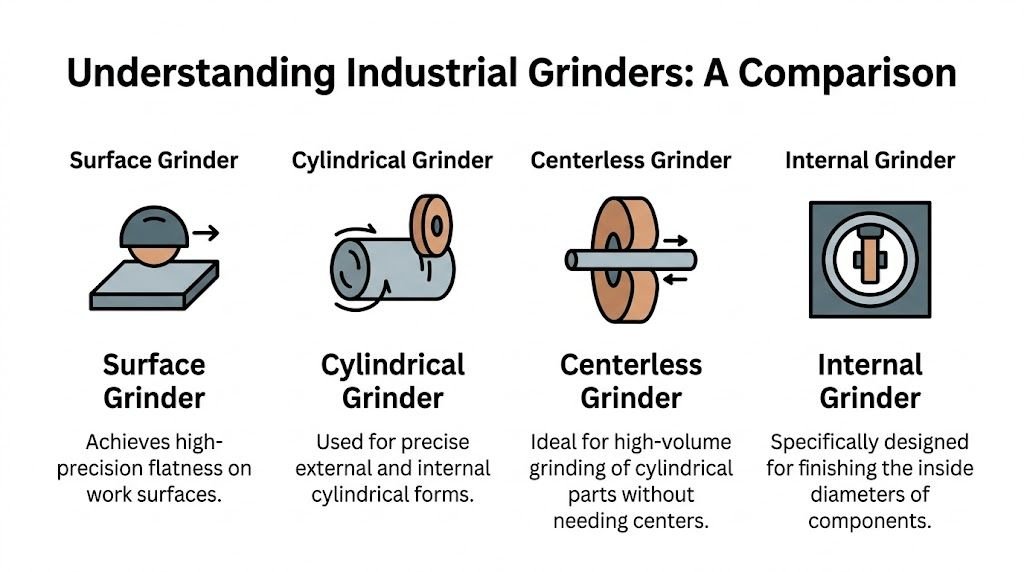 A comparison infographic showing four types of industrial grinders including surface, cylindrical, centerless, and internal grinding machines.