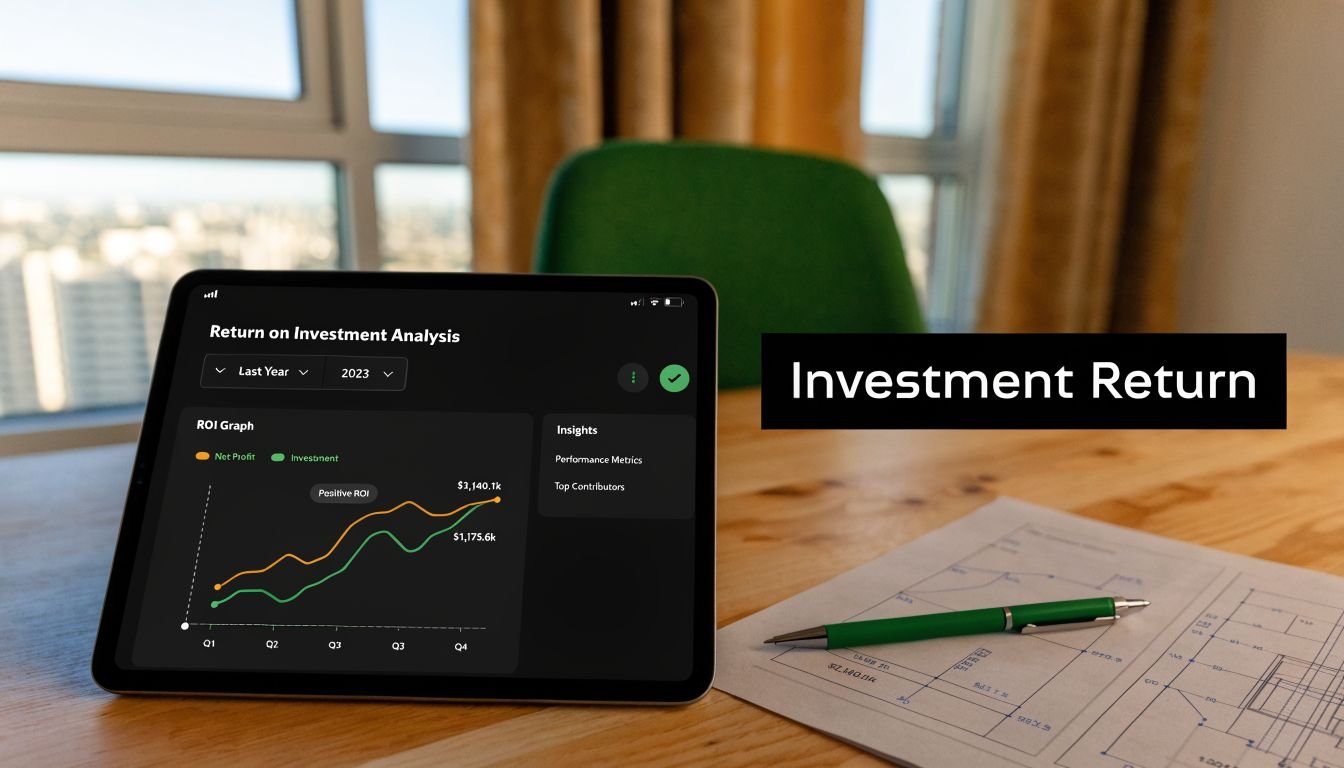 A tablet displaying a return on investment graph sits on a wooden desk with a pen and blueprints.