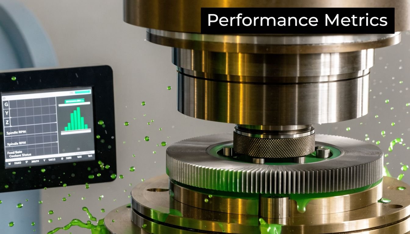 Close up of an industrial metalworking machine precision grinding a gear part with green coolant spray.