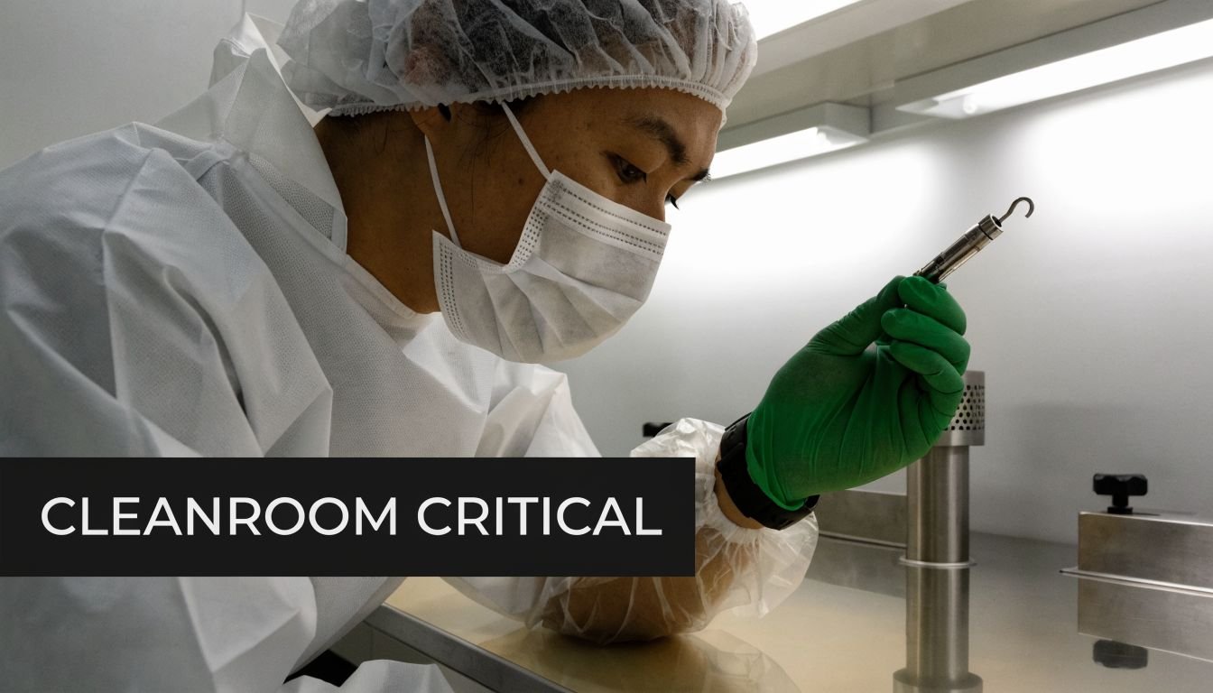 A laboratory technician in a cleanroom suit and gloves examines a small precision metal tool.