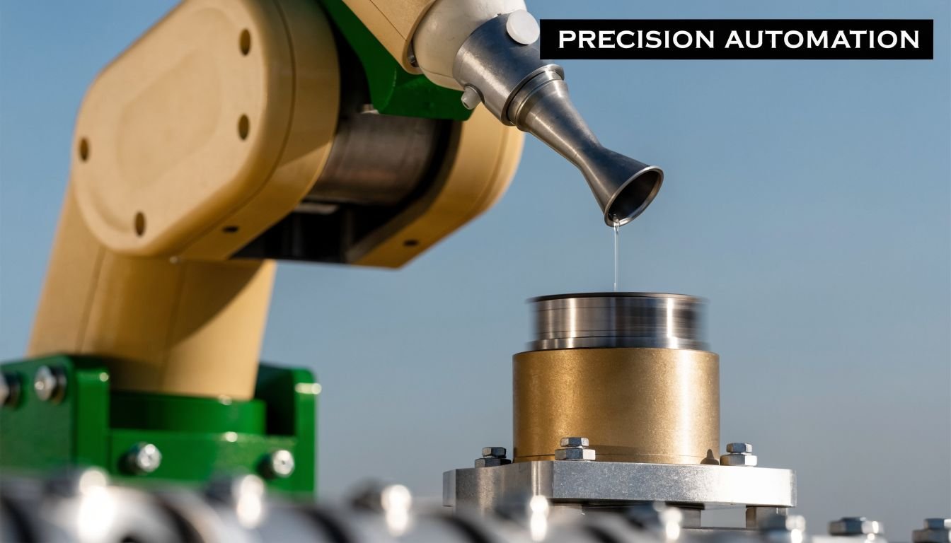 A mechanical robot arm applying precise lubrication to a rotating industrial bearing component during manufacturing.