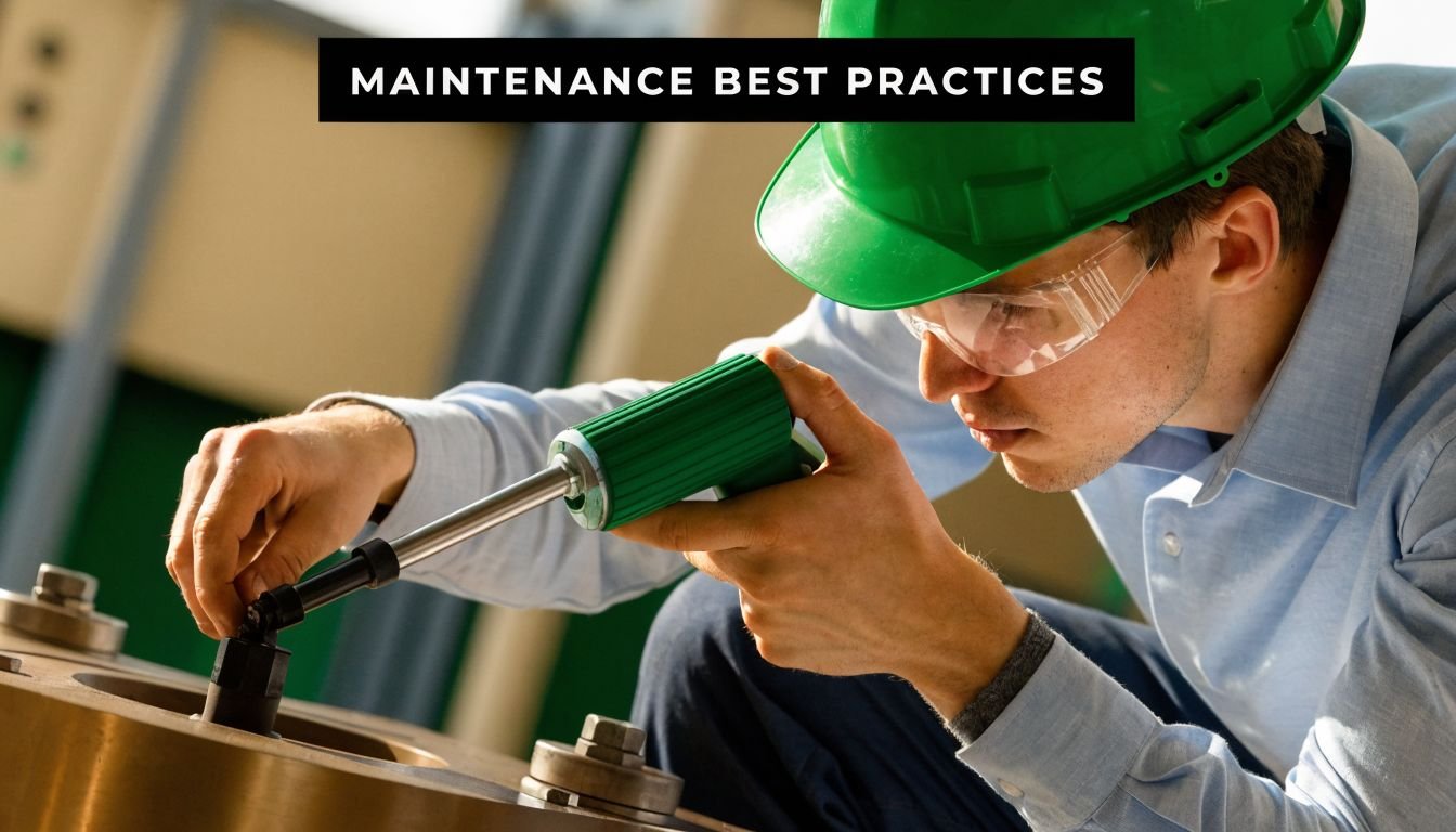 A maintenance technician wearing a green hard hat and safety glasses using a grease gun on machinery.