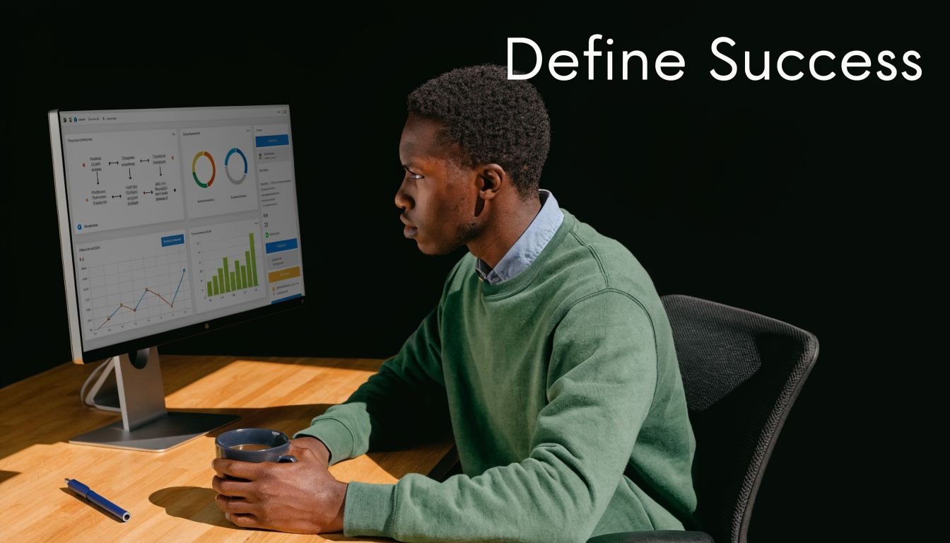 A focused man wearing a green sweater sitting at a desk and reviewing performance data on a computer.