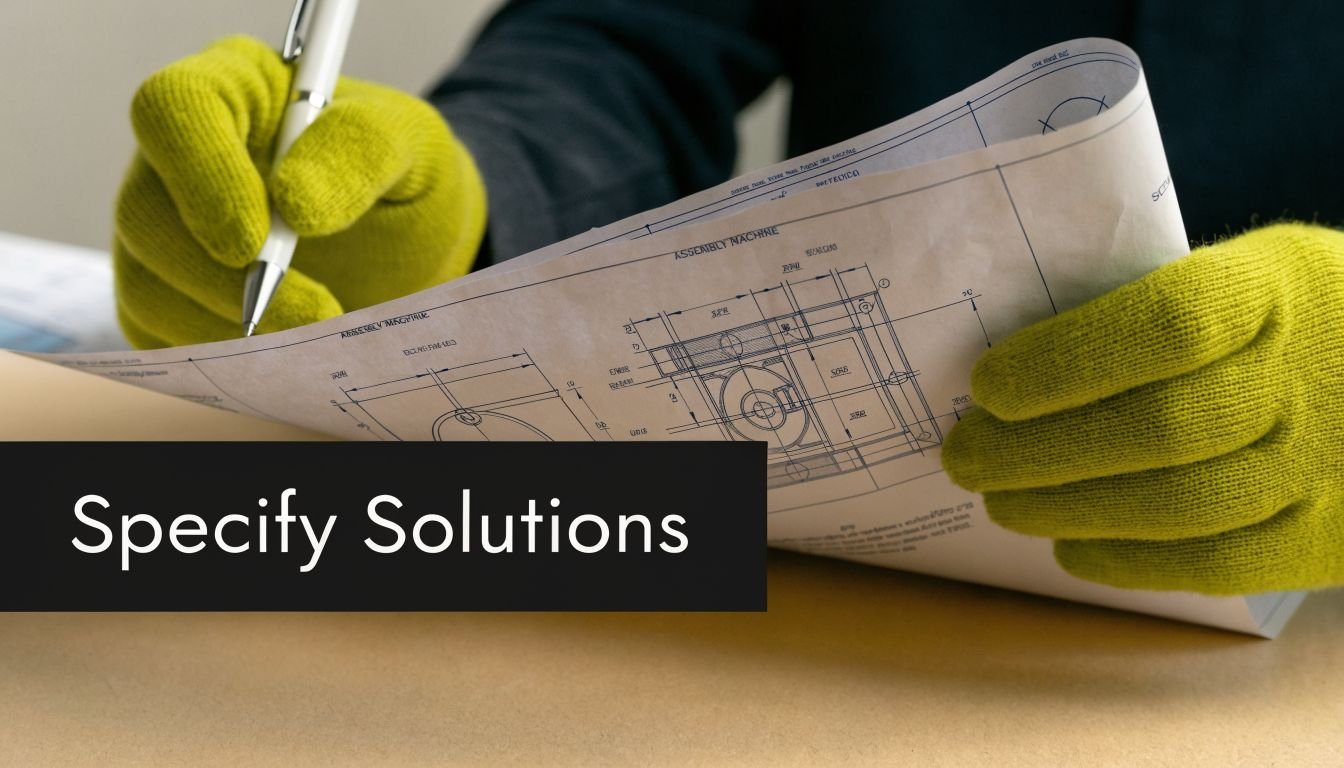 A person wearing lime green gloves examines technical engineering drawings while preparing to specify industrial solutions.