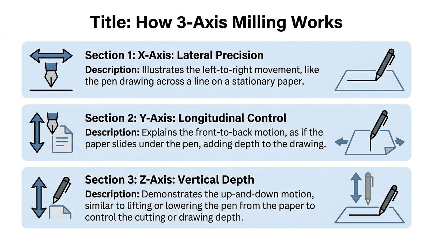 An infographic explaining the three axes of motion in milling: X-axis, Y-axis, and Z-axis.