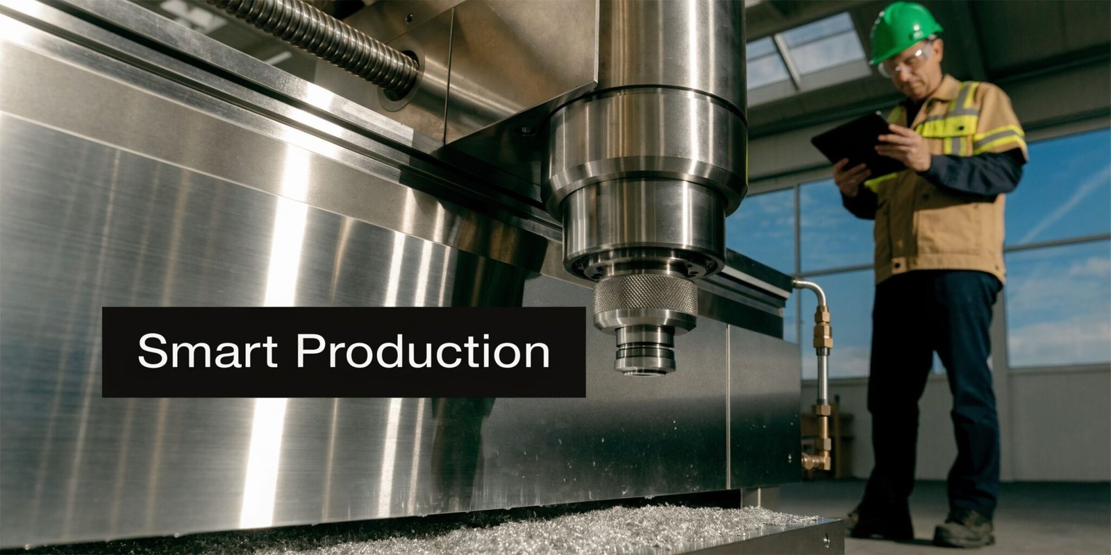 An industrial worker in protective gear monitors a large three axis milling machine in a factory.