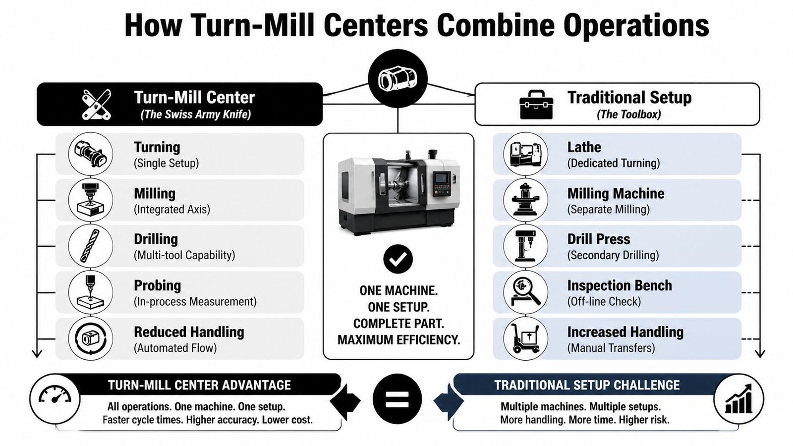 An infographic comparing the efficiency of a multi-functional turn-mill center against a traditional multi-machine workshop setup.