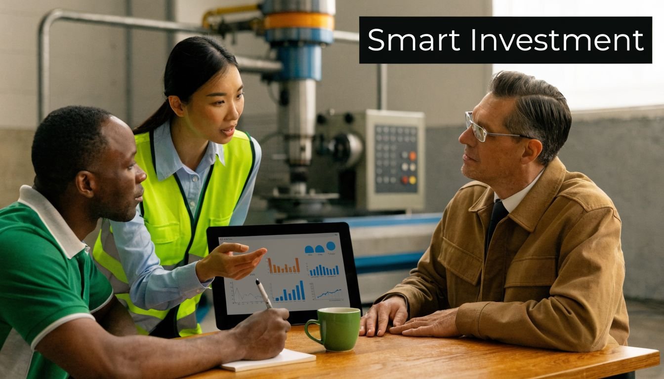 A diverse team discusses data analytics on a tablet inside a manufacturing facility for smart investment.
