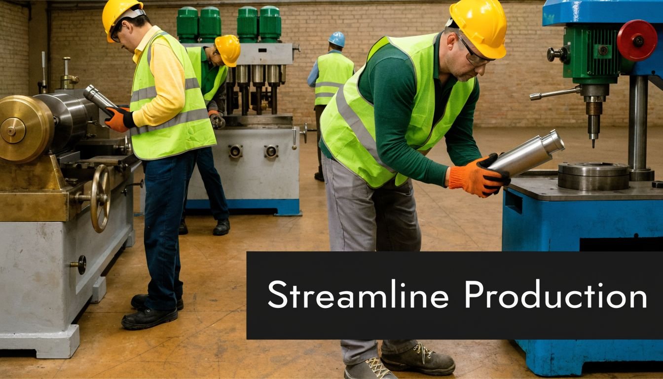 Workers in high-visibility vests and hard hats operating industrial turn mill machinery in a factory setting.