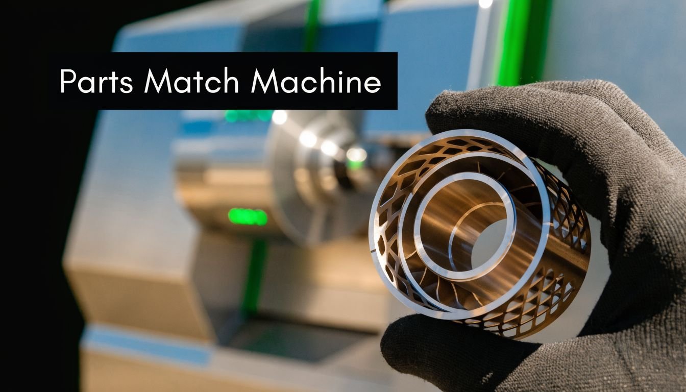 A person in work gloves holds a complex metal component in front of a CNC turn mill machine.