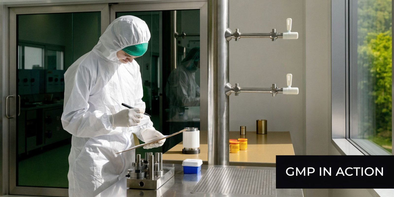 A pharmaceutical technician in a cleanroom suit works in a laboratory, documenting data for quality control compliance.